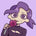 A stylized cartoon illustration of a person with purple hair and large eyes licking a pink ice cream cone, wearing a dark purple top, on a plain white background.